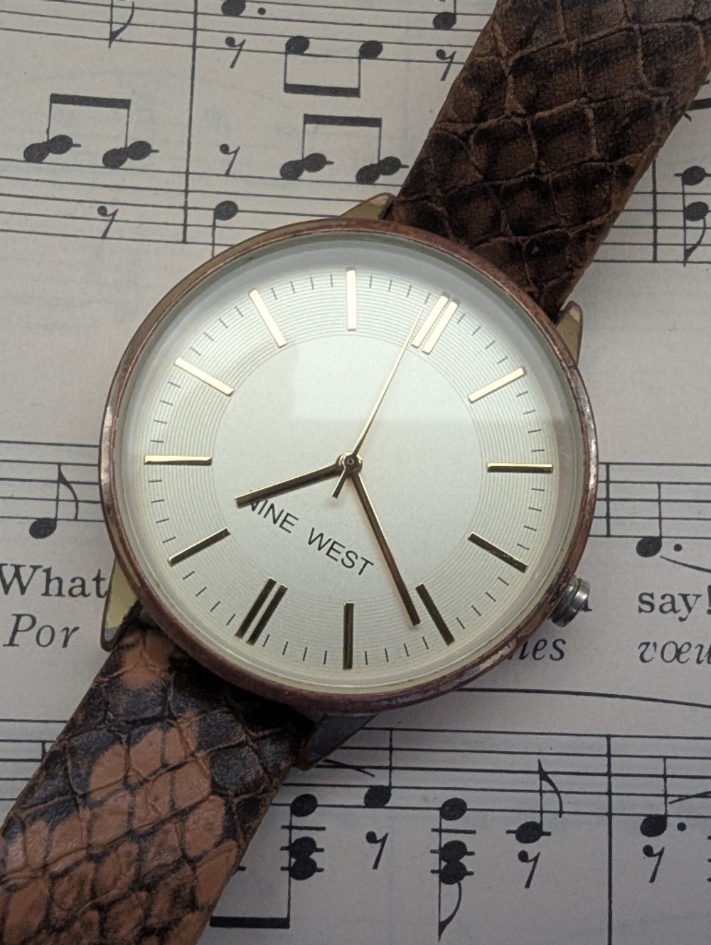 Nine West Gold-Tone Watch with White Dial and Brown Strap